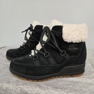 Sorel Evie Womens Cozy Lace Up Wedge Boots Faux Fur Waterproof Black Size 7 NWOB
